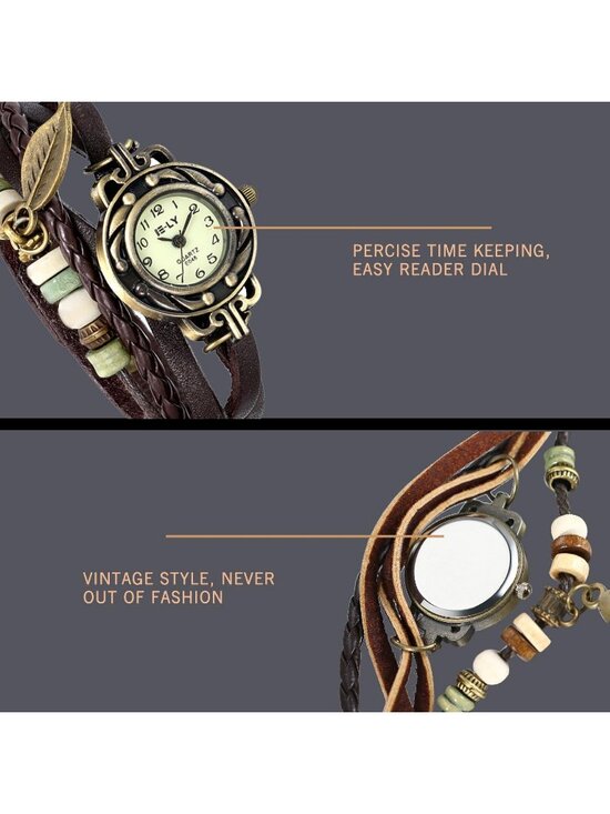 Women\'s Brown Analog Quartz Leaf Bracelet Weave Wrap Around Leather Wrist Watch